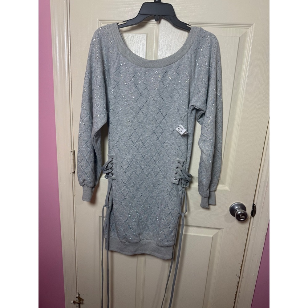 Akira Got It Girl Rhinestone Sweatshirt Dress Heather Grey Small NWT